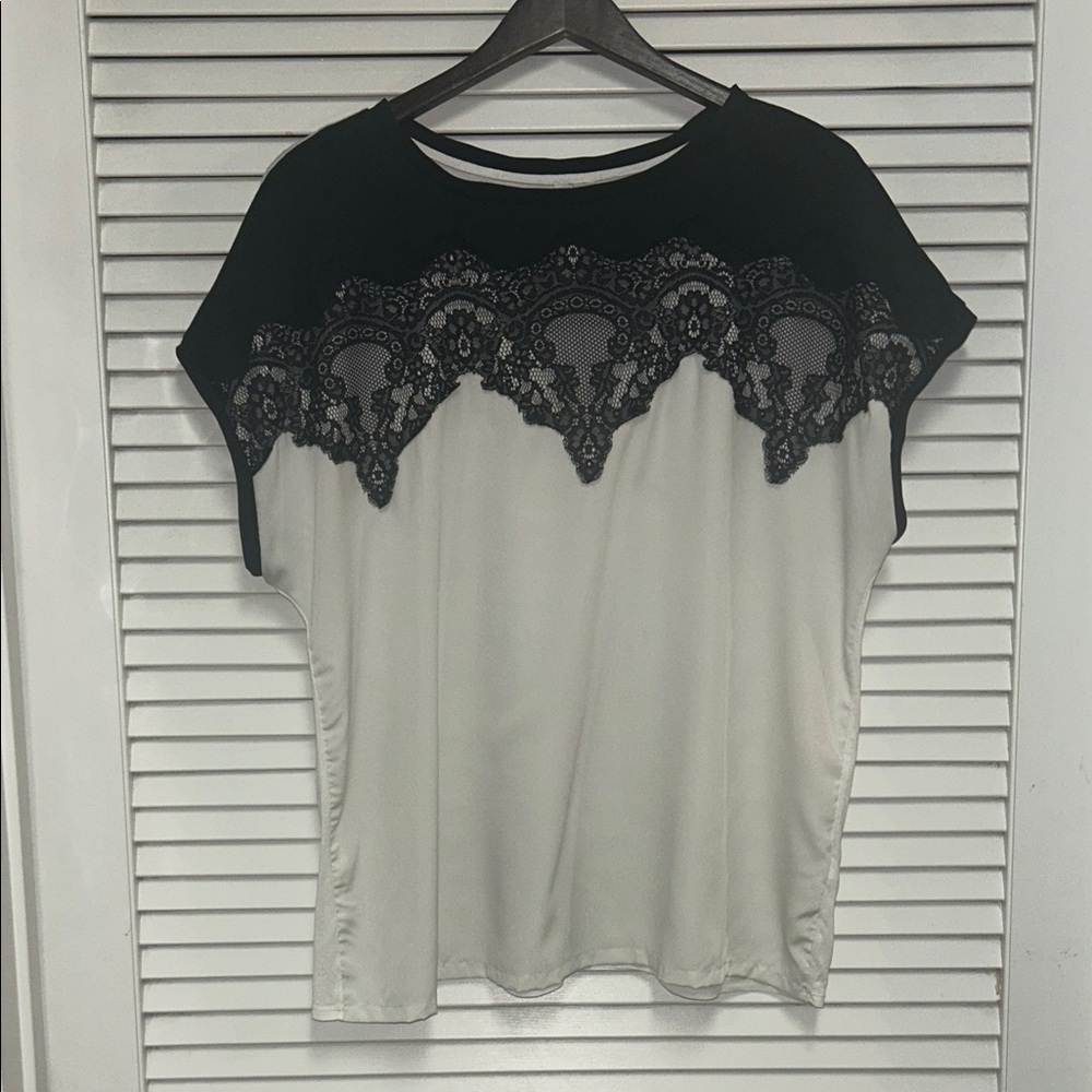 LC Lauren Conrad Black and Cream Lace Blouse
